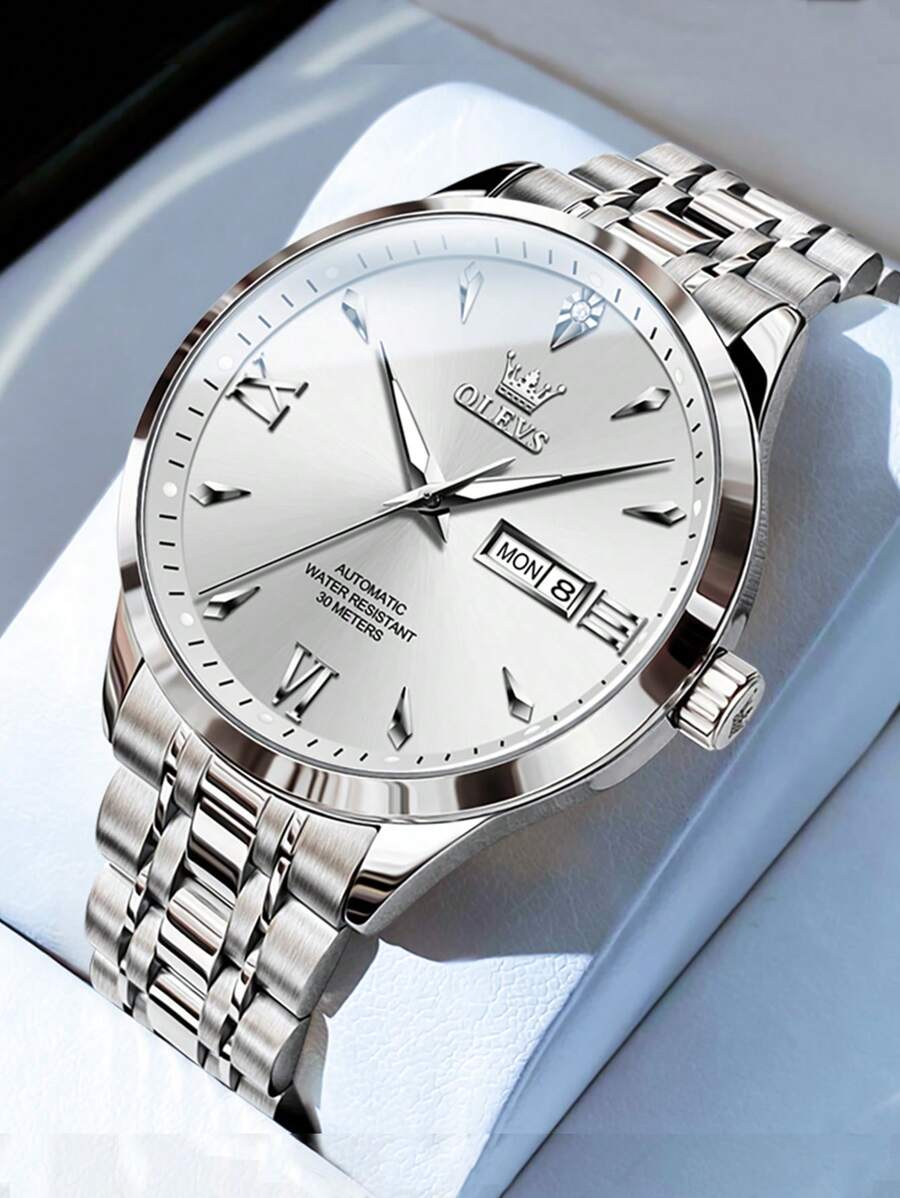 歐立時男式機械錶,男士豪華休閒時尚禮物錶,不銹鋼防水發光男士手錶 - 白色 - 查看 1