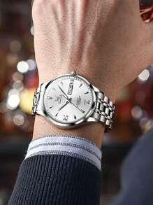 歐立時男式機械錶,男士豪華休閒時尚禮物錶,不銹鋼防水發光男士手錶 - 白色 - 查看 6