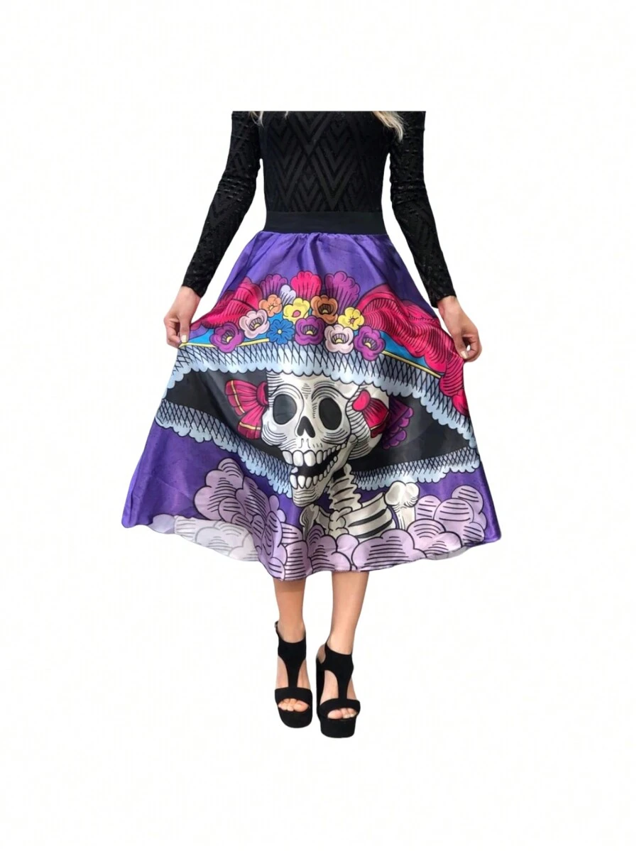 Falda Disfraz Mujer Para Día De Muertos Halloween Catrina - Morado Violeta - Ver 1