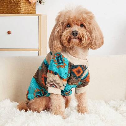 1件几何图案宠物卫衣，保暖涤纶抓绒猫狗秋冬装