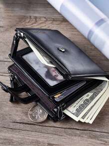 男款短款pu皮夾層,拉鍊式多層錢包,大容量多卡位持有人,鈔票夾 - 黑色 - 查看 8