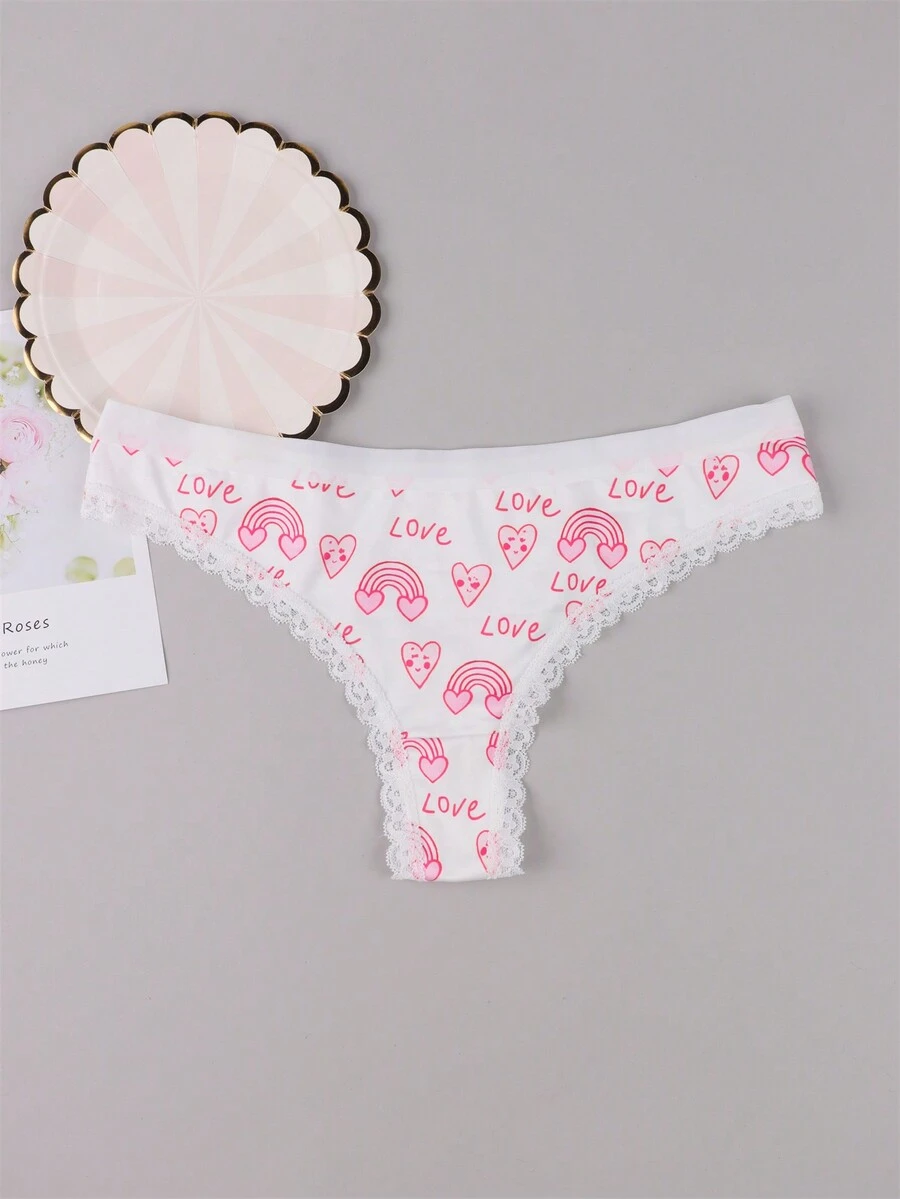 女士性感可愛蕾絲裝飾粉紅紅色愛心圖案丁字褲內衣 - 紅白色 - 查看 1