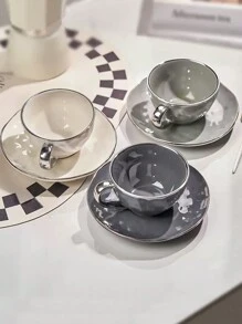 1pc Ceramic Coffee Cup Set With Coaster, Suitable For Home And Office Use, Great As A Gift For Friends - Dark Grey - View 4