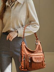 Fashionable Vintage Solid Color Multi-pocket Elegant Backpack / Shoulder Bag For Shopping And Traveling
