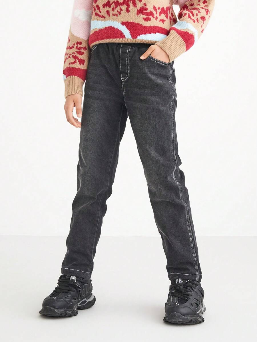 Annil 女童冬季保暖厚款時尚休閒黑色牛仔棉褲 - 黑色 - 查看 1