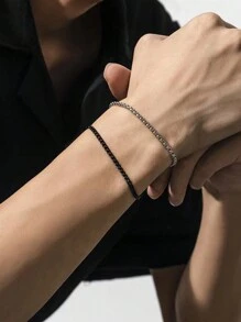 1 pièce Set de bracelets de chaîne à double couche mode, couleur argent et noire, adapté pour les hommes à porter lors de fêtes et de rassemblements