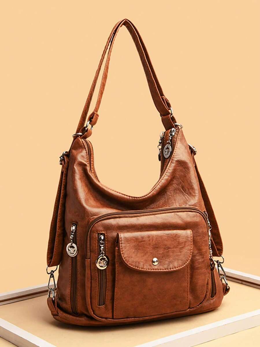 Fashionable Vintage Solid Color Multi-pocket Elegant Backpack / Shoulder Bag For Shopping And Traveling