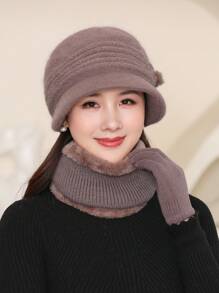 1套【1帽子+1圍巾+1副手套】女式冬秋季保暖帽組合套裝,毛絨厚針織帽,女士帽子套裝 - 卡其色 - 查看 2