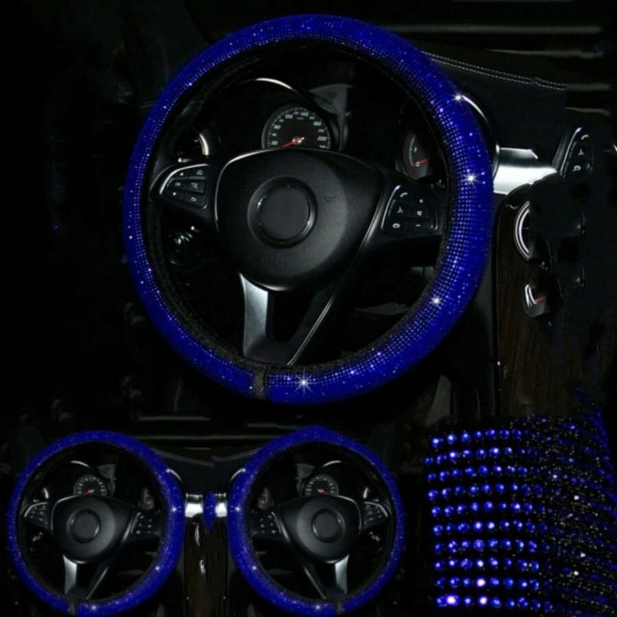 Full Rhinestone Elastic Non-slip Car Steering Wheel Cover Blingbling - Blue - View 1