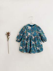 Little Girls' Fashionable Full Printed Round Neck Long Sleeve Bubble Dress For Autumn