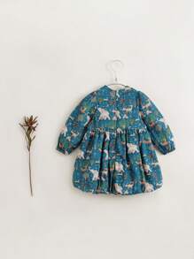 Little Girls' Fashionable Full Printed Round Neck Long Sleeve Bubble Dress For Autumn