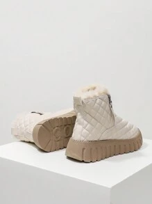 女士冬季新款保暖内衬高帮厚底米色雪地靴，户外保暖防滑平底运动鞋，Studentfurry 女鞋 - 米色 - 查看 3