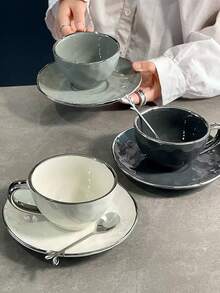 1pc Ceramic Coffee Cup Set With Coaster, Suitable For Home And Office Use, Great As A Gift For Friends - Dark Grey - View 6
