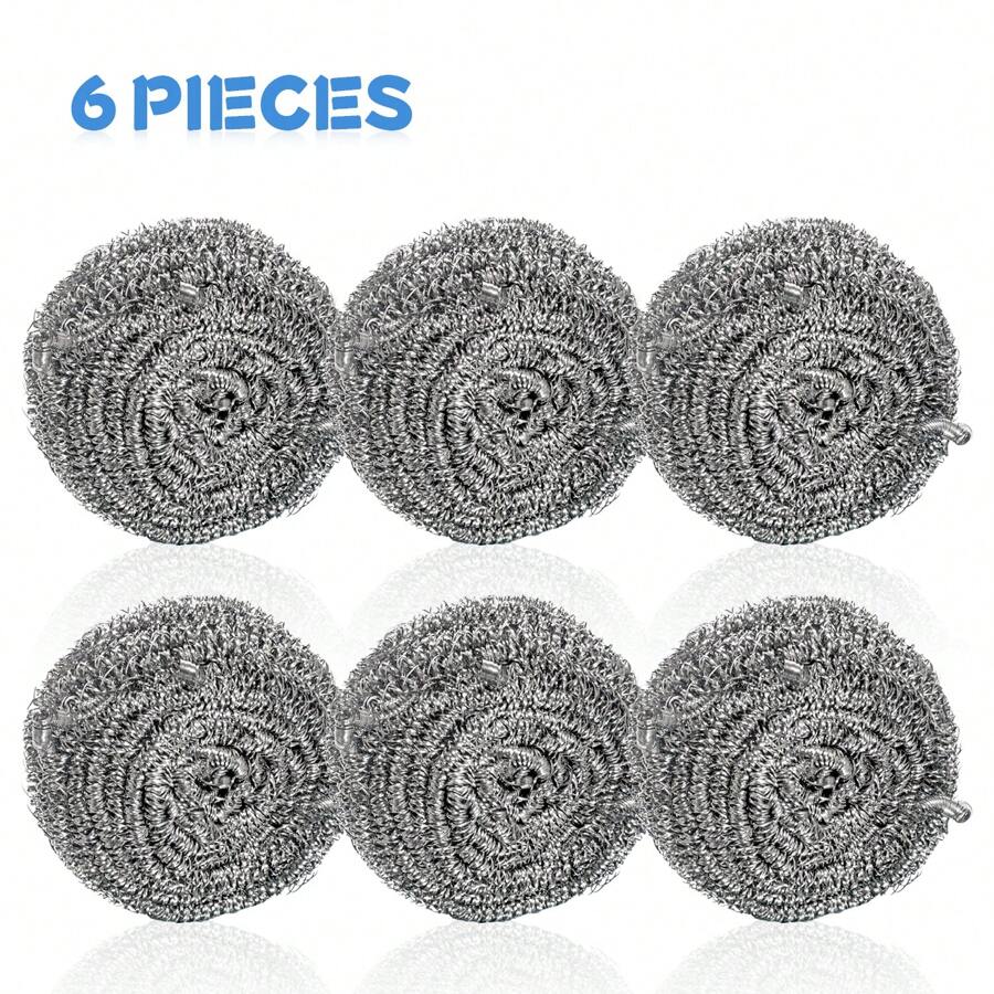 6 Unids/set Esponja De Alambre De Acero Inoxidable Grande Sin Limpieza De Residuos Para Uso Doméstico, Ayudante De Limpieza De Utensilios De Cocina - Plateado - Ver 1