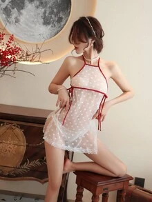 Transparent Sexy Nightwear Set, Neck Tie, Sheer Mesh, And Open Back Detail - White - View 1