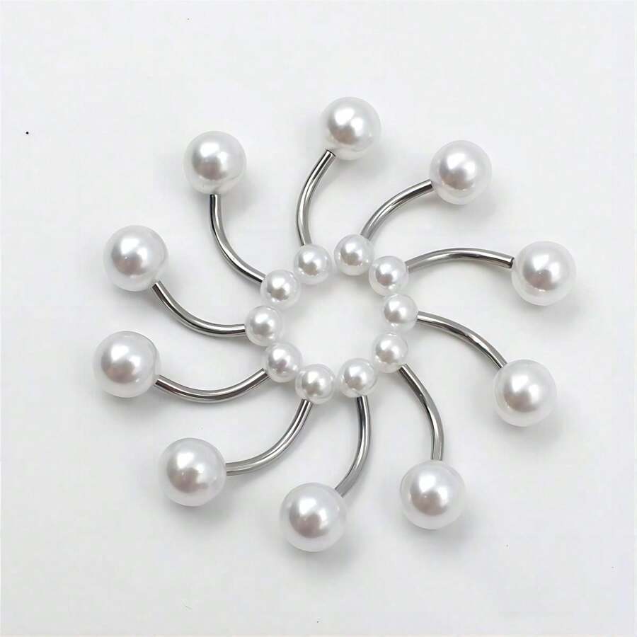 10pcs White Faux Pearl Belly Button Rings With Stainless Steel Bar - White - View 1