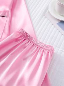 2 件套女士缎面黑色镶边粉色长袖翻领上衣和长裤睡衣套装，适合秋冬、秋季服装 - 粉色 - 查看 5