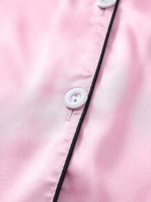 2 件套女士缎面黑色镶边粉色长袖翻领上衣和长裤睡衣套装，适合秋冬、秋季服装 - 粉色 - 查看 6