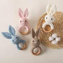 1pc Hand-Knitted Bunny Teething Ring With Wooden Pendant, Baby Chewing Toy For Teething Stage, Gift
