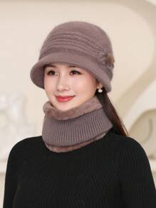 1套【1帽子+1圍巾+1副手套】女式冬秋季保暖帽組合套裝,毛絨厚針織帽,女士帽子套裝 - 卡其色 - 查看 3