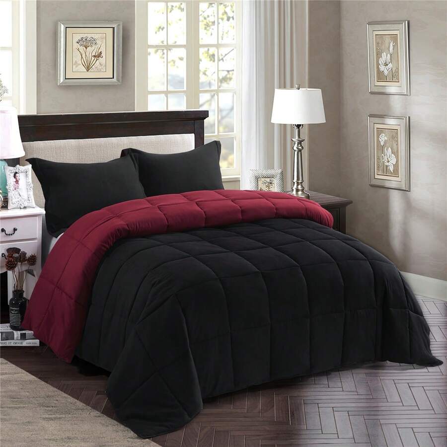 HIG 3pcs Down Alternative Comforter Set - All Season Reversible Comforter With Two Shams - Quilted Duvet Insert With Corner Tabs - Box Stitched - Breathable, Soft, Fluffy - màu đen - Xem 1
