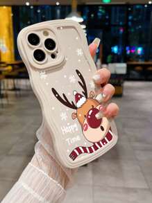 1pc Christmas Deer & Waves Print Full Coverage Protective Phone Case Compatible With IPhone - Multicolor - View 3