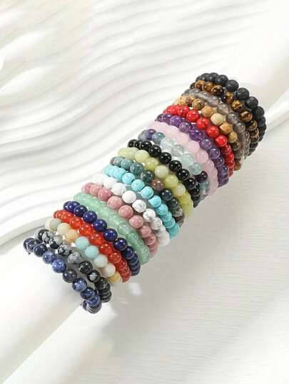 1 Piece /20 Colors/natural Gem Crystal Rare Stone, Round Beads Elastic Rope Elastic Bracelet, Men's And Women's Same Style Birthday Gift
