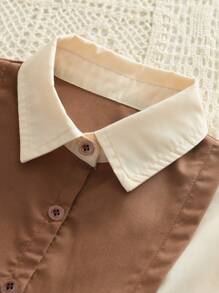 Young Girl Simple Casual 2 In 1 Shirt Long Sleeve Dress For Spring And Autumn - Khaki - View 3