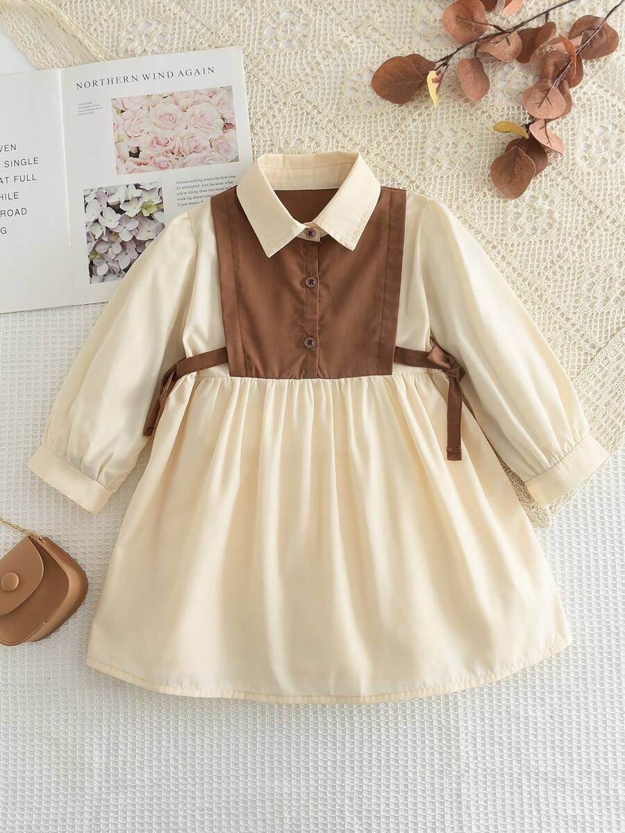 Young Girl Simple Casual 2 In 1 Shirt Long Sleeve Dress For Spring And Autumn - Khaki - View 1