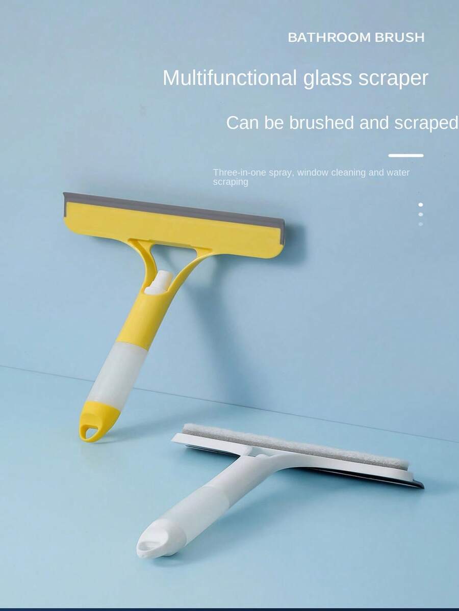 1pc Window Cleaning Tool Set With Water Spray Brush, Silicone Rubber Squeegee And Scraper - Yellow - View 1