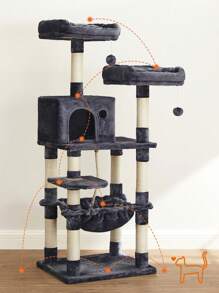 FEANDREA Árbol para Gatos de Altura 143 cm, Torre para Gatos, con 11 Postes Rascadores, 2 Plataformas, 1 Cueva, 1 Hamaca, 2 Pompones, Tela de Felpa, Multinivel, Beige/Gris - Gris - Ver 2