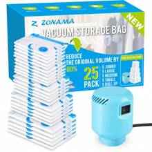 25 pc Various models of vacuum storage bags(5 Jumbo, 5 Large, 5 Medium, 5 Small, 5 Roll Up Bags), available for clothing, bedding, comfort items, travel, moving, saving you 80% of space, equipped with electric air pump, blue and white