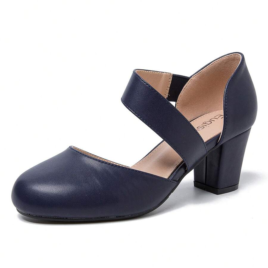Women's Closed Round Toe Low Block Heels Pumps Crossed Strap D'Orsay Dress Wedding Bridal Party Office Shoes - 藏蓝色 - 查看 1
