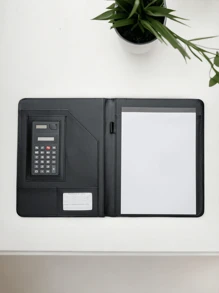 Pasta com bloco e calculadora para convenção executiva de anotações organizadora - Preto - Visão 1