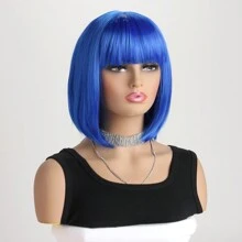 Women's Fashion Natural Short Curly 12-Inch Synthetic Fiber Inverted Bob Short Wig With Air Bangs, Suitable For Cosplay, Halloween, Costume Party - 寶藍色 - 查看 5