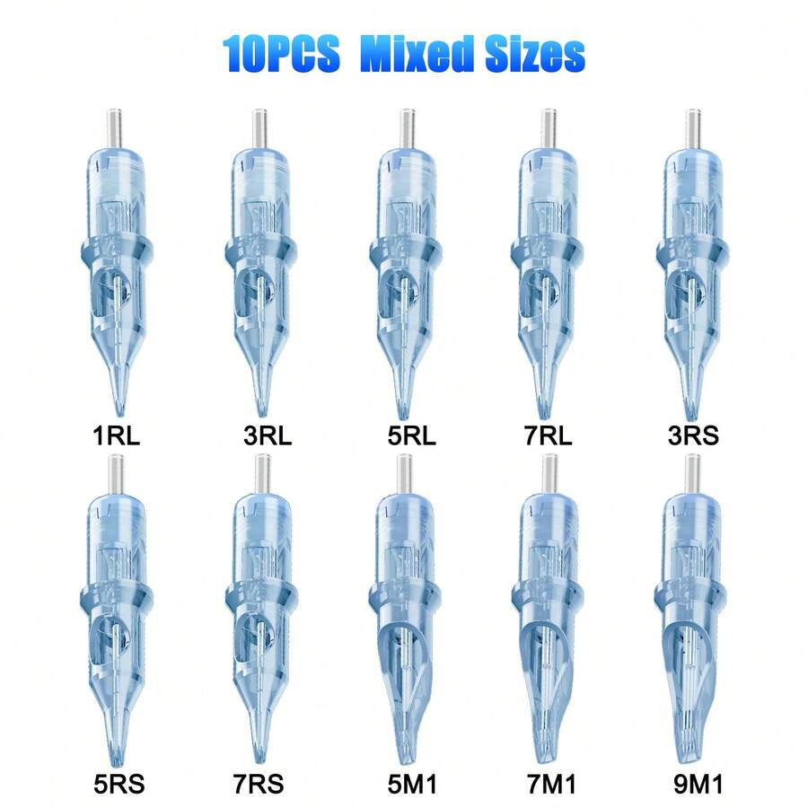 10pcs Blue Mixed Tattoo Needles, RL RS M1 Disposable Tattoo Needles - Blue - View 1