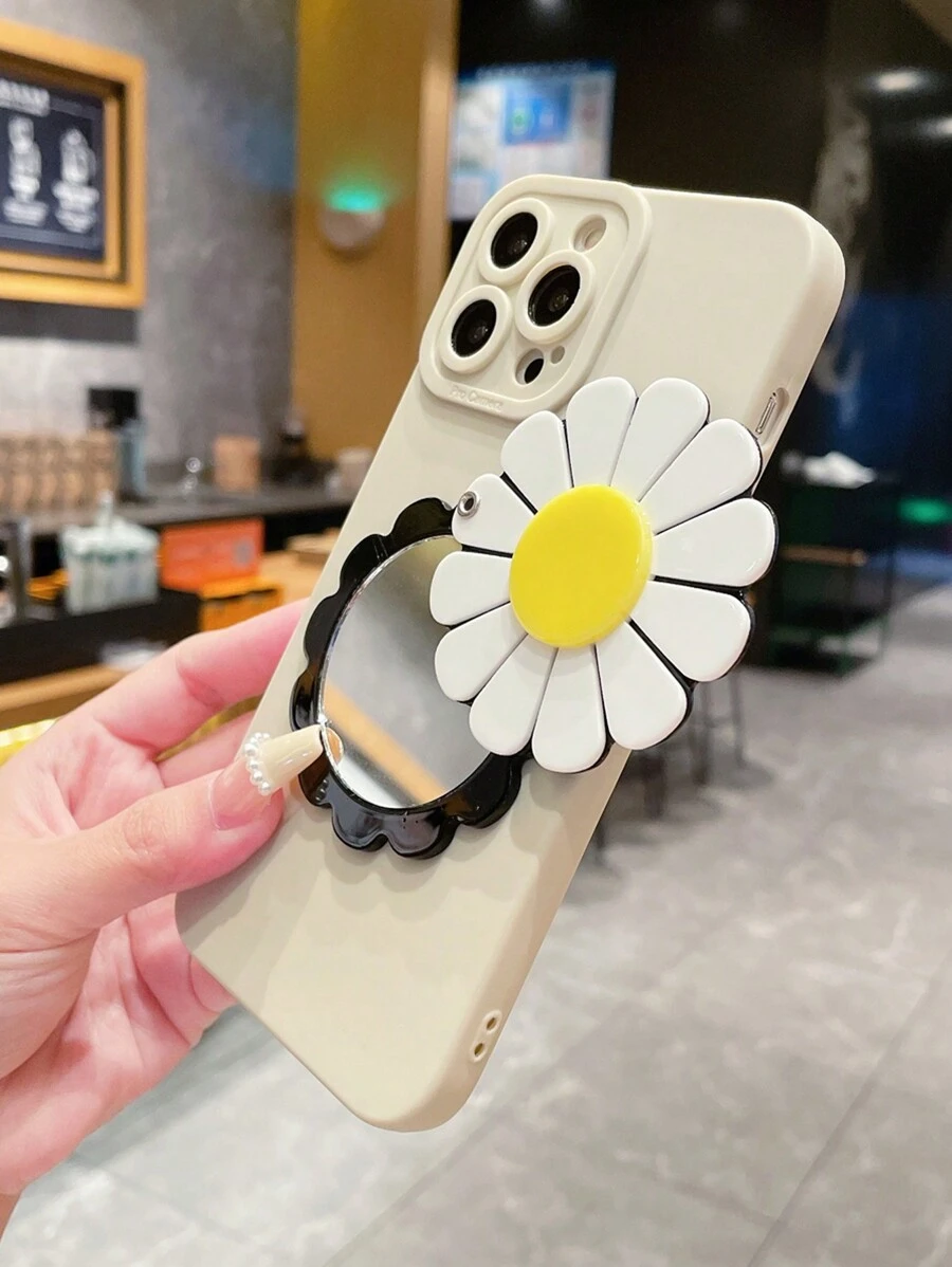 1入組有花卉圖案的手機殼，附有向日葵式鏡子，適用於蘋果/三星/小米/歐珀/Infinix/Vivo/Realme - 白色 - 查看 1