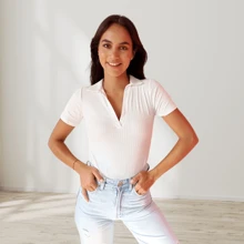 Body con cuello tipo polo unicolor ajustado de moda casual - Blanco - Ver 1
