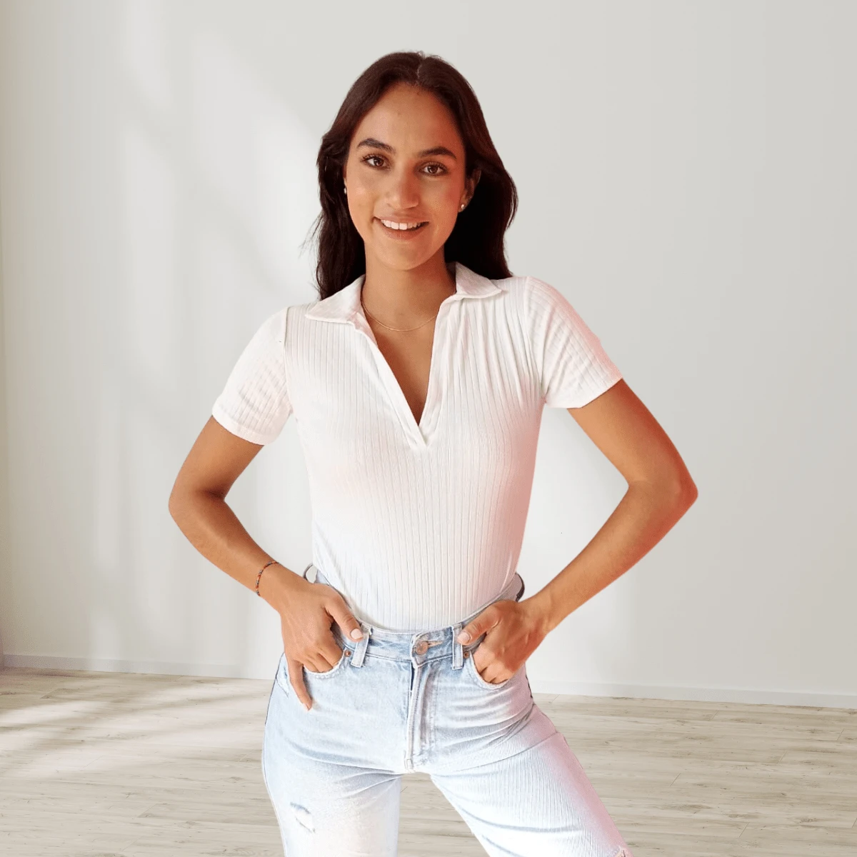 Body con cuello tipo polo unicolor ajustado de moda casual - Blanco - Ver 1