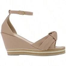 Sandália Salto Plataforma Anabela Amarração Laço Confortável sapatos feminina elegante - Bege - Visão 4