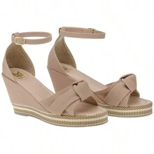 Sandália Salto Plataforma Anabela Amarração Laço Confortável sapatos feminina elegante - Bege - Visão 5