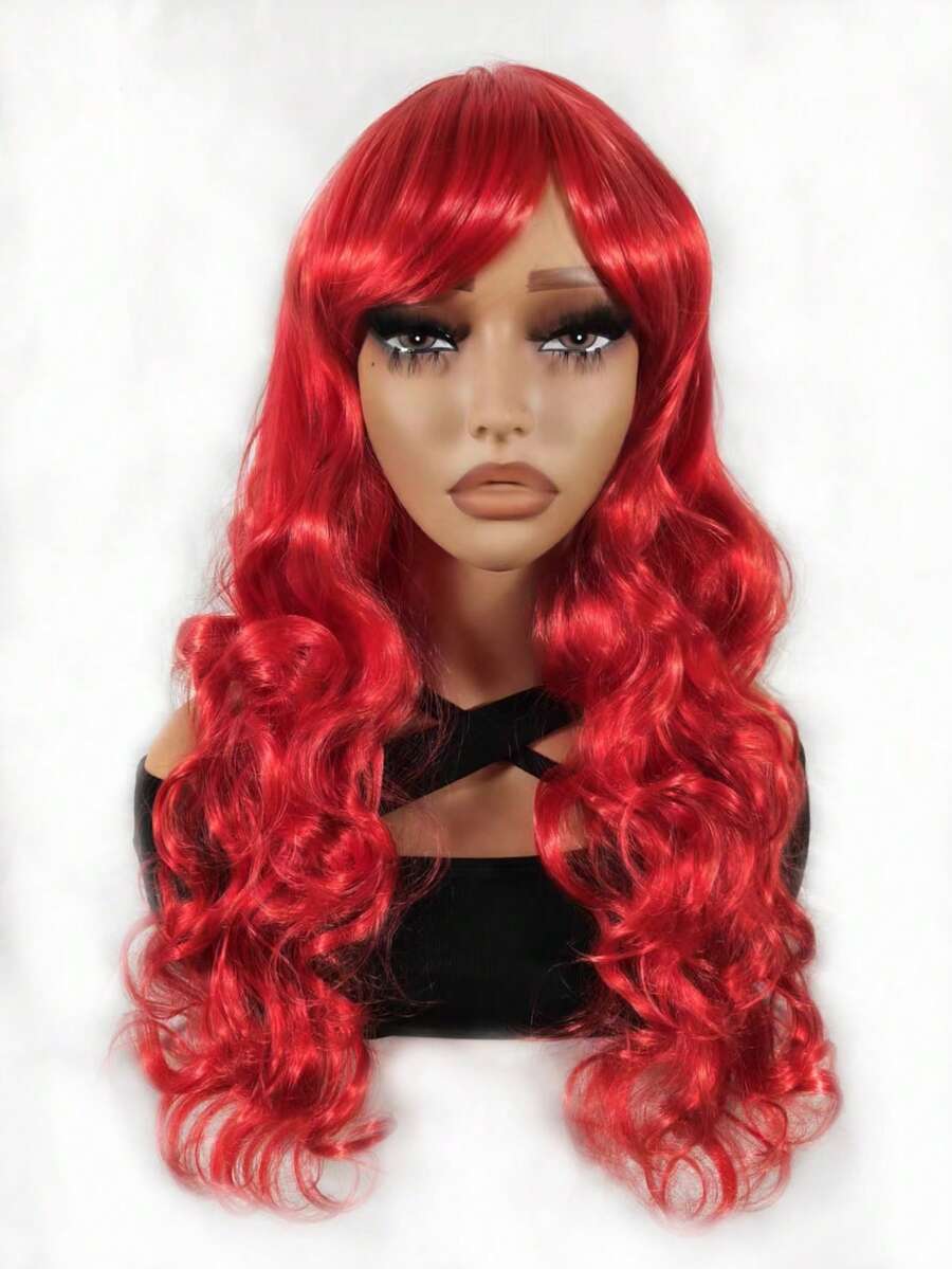 24吋紅色合成纖維捲髮頭套配側劉海和發束,日常穿戴 - 紅色 - 查看 1