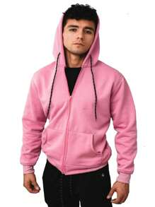 Zipper Sweatshirt Urban Fashion Premium Soft Cotton Hoodie Open Fashion Waist Bag And Hood - 藕粉色 - 查看 4