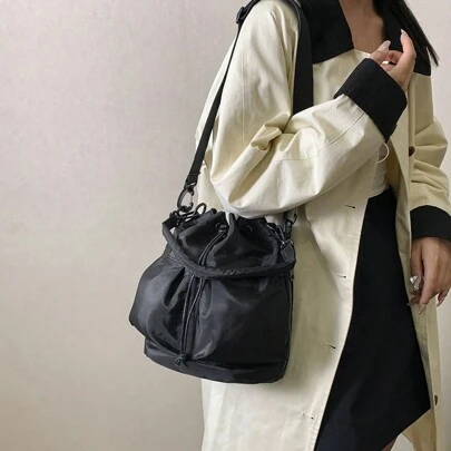 1 件尼龙拉绳女士单肩包，适合日常使用，运动风格，可折叠，可调节肩带，多口袋，轻巧时尚