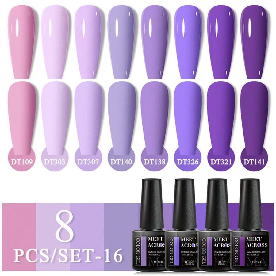 8件組 7ml 紫色半永久浸泡式 UV LED 混合凝膠指甲油套組，含底層與頂層塗層，美甲凝膠套件美甲用品
