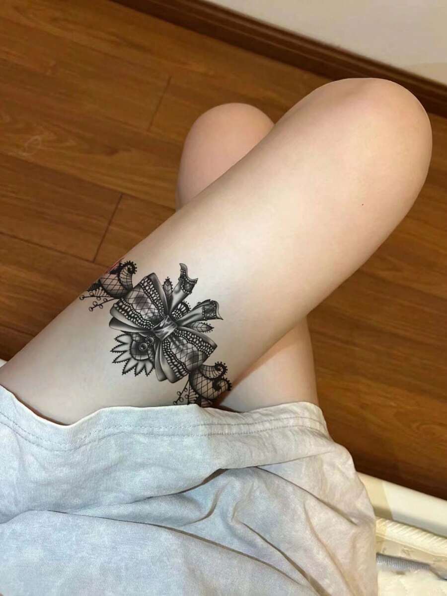 Tatuaje Temporal Para Pierna, Brazo Y Pecho, Resistente Al Agua, Patrón De Encaje De Mariposa Y Flores, Una Gran Opción Para Mujeres - Negro - Ver 1