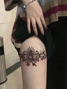 Tatuaje Temporal Para Pierna, Brazo Y Pecho, Resistente Al Agua, Patrón De Encaje De Mariposa Y Flores, Una Gran Opción Para Mujeres - Negro - Ver 4