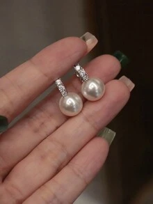 1對簡約韓風S925純銀貝母耳扣耳環，適用於女性通勤佩戴 - 銀色 - 查看 5