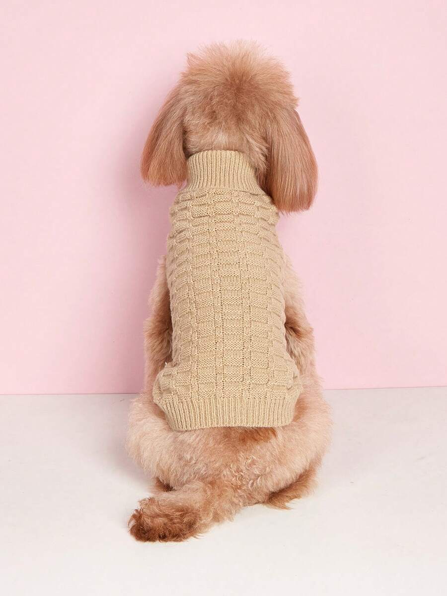 1件卡其色針織寵物毛衣,立領式,格子設計,經典純色,高彈性冬季犬貓衣服