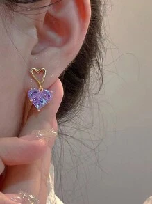 Set de 3 piezas de collar con colgante con forma de corazón morado con rhinestone y aretes a juego en estilo Y2k, ideal para fiestas, citas o uso diario, como un gran regalo para el Día de San Valentín - Morado - Ver 3